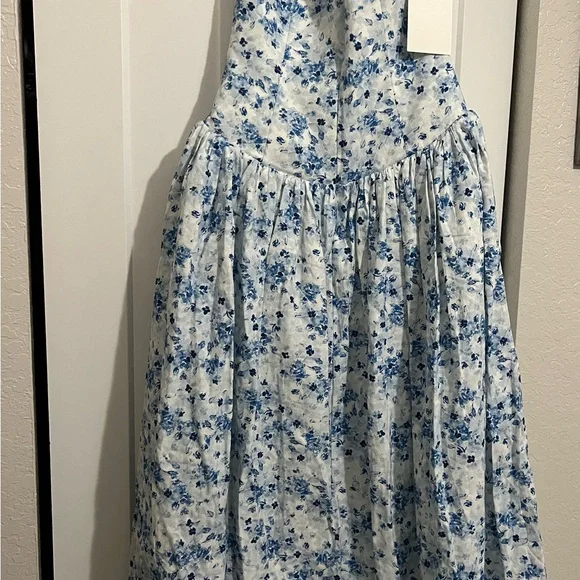 MISS CIRCLE PALOMA BLUE PRINT LINEN CORSET DRAPING TOP MIDI DRESS - Picture 3 of 4